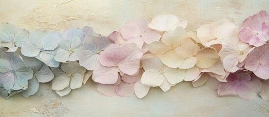 Poster - Delicate pressed hydrangea flowers in soft pastel colors against a textured neutral background for floral decor and textile design.