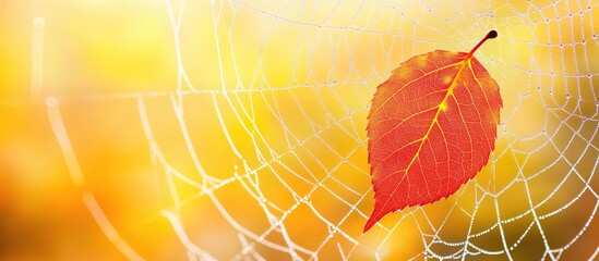 Poster - Red autumn leaf suspended in a delicate spider web with a warm golden background capturing the essence of fall's beauty and transience.
