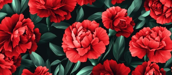 Poster - Vibrant Red Carnations Floral Background with Lush Green Leaves for Elegant Design and Decoration
