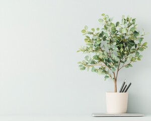 Aufkleber - Minimalist Workspace Aesthetic Potted Plant on Laptop with Wireless Accessories - Modern Digital Content for Eco-Friendly Home Office Design in Creative Industries