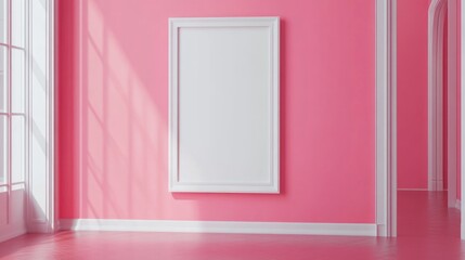 Poster - Elegant white frame poster mockup on vibrant pink wall showcasing minimalistic design in a bright, airy interior space.