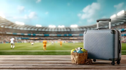 Stadium Sports Competition with Luggage and Suitcase on Wooden Deck   Outdoor Field Arena Bleachers and Crowd Watching the Game or Tournament