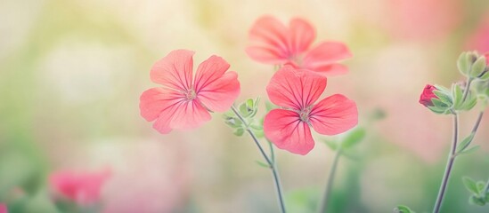 Poster - Delicate pink flowers in soft focus with a dreamy pastel background creating a serene and tranquil atmosphere in a botanical setting