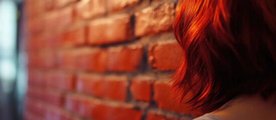 Poster - Close-up vertical shot of a red brick wall with vibrant red hair in the background highlighting texture and color contrast.