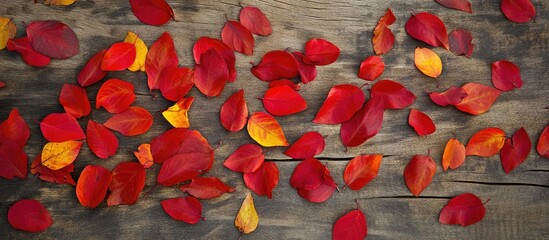 Poster - Vibrant autumn leaves in red and yellow scattered over rustic wooden background symbolizing seasonal change and natural beauty