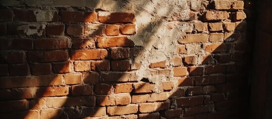 Poster - Rustic red brick wall with dramatic shadows creating an artistic backdrop for various design and photo applications.