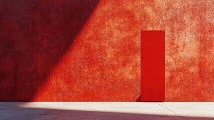 Poster - Red Textured Wall with Vertical Red Door and Dramatic Shadow Effect in Minimalist Studio Setting