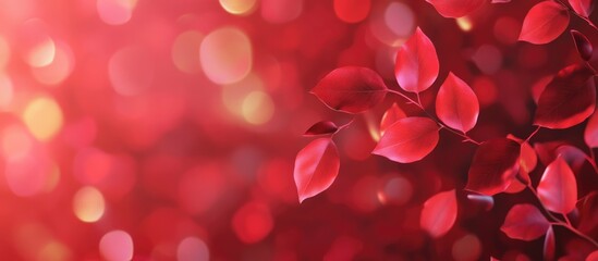 Poster - Vibrant red bokeh background featuring blurred natural leaves evoking warmth and tranquility for creative projects and designs