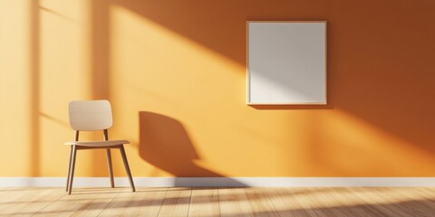 Aufkleber - Minimalist Classroom Aesthetic Modern Wooden Chair and Blank Canvas on Warm Orange Walls - Contemporary Educational Design and Innovative Learning Spaces for Dynamic Teaching Strategies