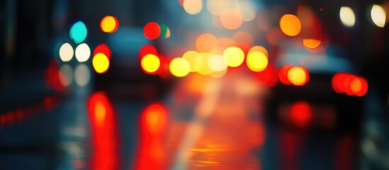 Poster - Colorful blurred bokeh lights from traffic at night creating an abstract urban atmosphere with warm red and orange tones.