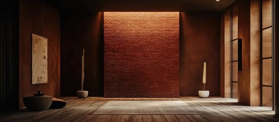 Poster - Interior view of a modern room featuring a red brick wall, minimalist decor, and warm lighting for a cozy atmosphere.