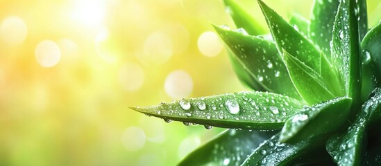 Poster - Vibrant green succulent with glistening water droplets against a soft glowing background showcasing natural beauty and freshness.