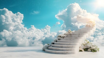 Poster - Enchanting Stairway to the Ethereal Heavens Above A dreamlike pathway leading upwards through fluffy white clouds against a brilliant blue sky evoking a sense of wonder possibility