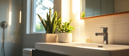 Poster - Bathroom power outlet with modern sink and natural light enhancing the serene, minimalist decor and greenery in the space.