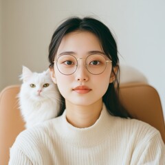 Fototapete - Minimalist Home Office with East Asian Woman on Call and White Cat Cozy Interior for Remote Work, Business Flexibility and Tech Integration in Modern Workspaces