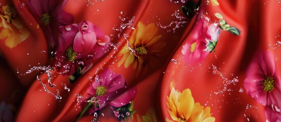 Poster - Vibrant red floral fabric with dynamic water splashes creating an elegant, fresh visual texture for fabric and textile designs.