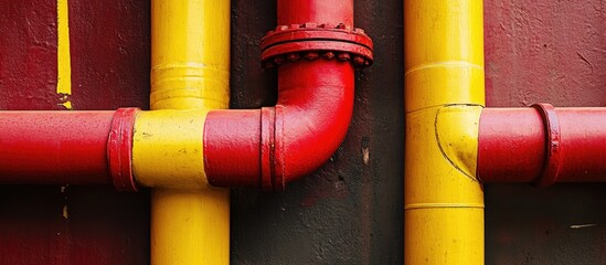 Poster - Colorful red and yellow industrial pipes creating a striking pattern on a dark wall background in an urban setting