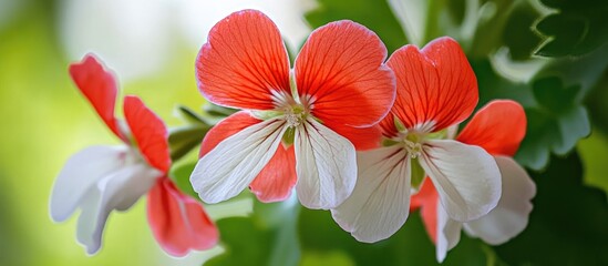 Poster - Close-up of vibrant red and white garden flowers with green foliage in soft focus background showcasing nature's beauty and detail.