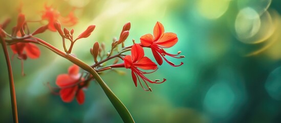 Poster - Vibrant red flowers of arborescent Aloe against a soft colorful bokeh background showcasing nature's beauty and botanical elegance