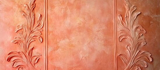 Poster - Elegant red decorative plaster wall background with intricate stucco design and soft light spot, ideal for modern wallpaper or decor projects.