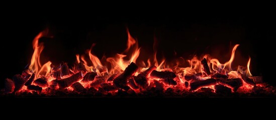 Poster - Vibrant red flames dancing over glowing embers against a dark background creating a dramatic and intense atmosphere.