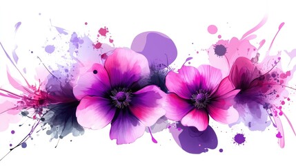 Poster - Vibrant Purple and Pink Floral Design with Watercolor Splash on White Background