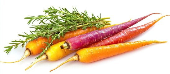 Aufkleber - Colorful roasted young carrots with herbs displayed on a baking tray over a white background showcasing freshness and culinary appeal.