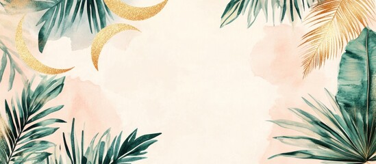 Poster - Elegant retro pattern featuring golden glitter crescents and watercolor palms with an empty space for personalized text or messages.
