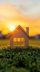 Aufkleber - Sunlit Minimalist Wooden House Model on Grass Eco-Friendly Architecture Showcase for Real Estate Innovation and Sustainable Urban Planning