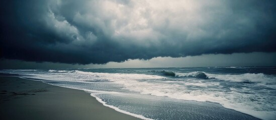 Poster - Stormy North Sea Beach with Strong Waves and Gloomy Sky Creating Sea Foam Ideal for Writing and Copy Space