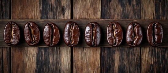 Aufkleber - Roasted coffee beans arranged on a rustic wooden background creating an inviting and warm aesthetic for coffee lovers.