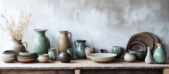Poster - Handcrafted pottery collection displayed on rustic wooden table with neutral backdrop showcasing unique shapes and earthy tones.