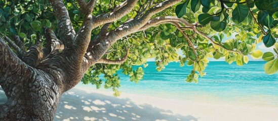 Poster - Sea Almond Tree Terminalia catappa with lush leaves on a peaceful beach under bright sunlight and turquoise ocean water in the background