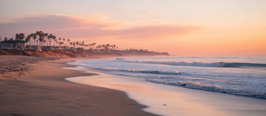 Poster - Tranquil beach sunset with gentle waves and palm trees reflecting the serene beauty of coastal landscapes.