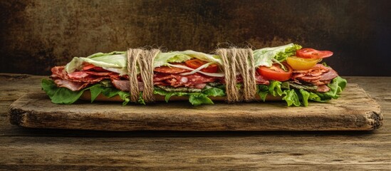 Aufkleber - Rustic sandwich wrapped in twine on a textured wooden board showcasing fresh ingredients and artisanal presentation.