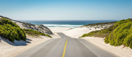 Aufkleber - Road leading through white sand dunes to the ocean under a clear blue sky showcasing nature's beauty and popular travel destination