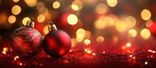 Poster - Elegant Red and Gold Bokeh Christmas Background with Lights and Ornaments Perfect for Holiday Greetings and Seasonal Promotions