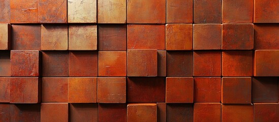 Poster - Red brown block brick wall textured background with beautifully arranged geometric patterns and rich colors for architectural design.