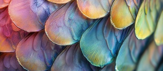 Poster - Colorful close-up of fish scales showcasing iridescent hues and intricate textures in a vibrant underwater aesthetic.