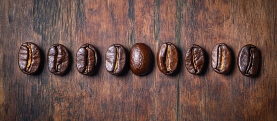 Poster - Roasted coffee beans arranged in a row on a rustic wooden background showcasing texture and detail from a top view perspective.