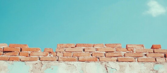 Poster - Warm sunny day showcasing a wall of stacked red building bricks with faded textures, connected by dried white mortar against a blue sky.