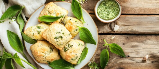 Poster - Savory potato and wild garlic scones served with fresh wild garlic leaves and herb dip on rustic wooden table