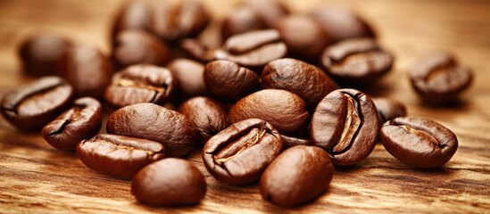 Poster - Roasted coffee beans scattered on wooden surface with selective focus highlighting rich textures and colors in a cozy atmosphere