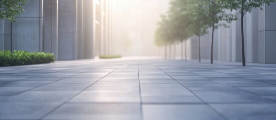 Poster - Urban landscape featuring sunlit pathways made of grey floor tiles, lined with trees and modern architecture, conveying a serene atmosphere.