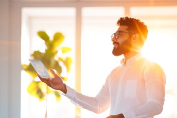 Aufkleber - Sunlit Workspace Presentation Confident Indian Presenter Showcases AI App Prototype on Tablet - Startup Innovation and Team Collaboration in Modern Office