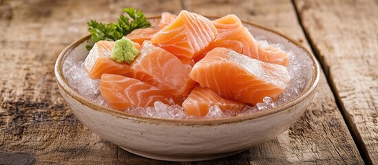 Aufkleber - Sashimi salmon served on ice with wasabi in a bowl showcasing authentic Japanese cuisine on a rustic wooden table