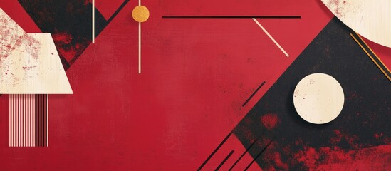 Poster - Abstract geometric design with bold colors and shapes on a red background ideal for modern art and creative projects.