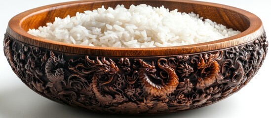 Aufkleber - Decorative wooden bowl filled with fluffy white rice isolated on a plain white background showcasing culinary presentation and rustic charm