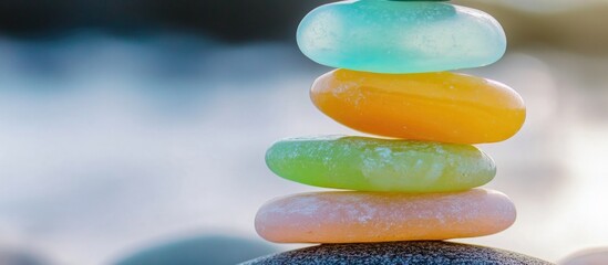 Aufkleber - Sea glass pebbles stacked symbolizing harmony teamwork balance and unity in nature showcasing calming colors and textures