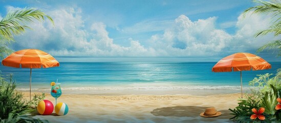 Poster - Tropical beach resort summer vacation scene with vibrant umbrellas and accessories for a serene getaway background design